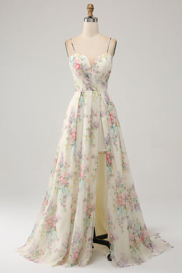 A-Line Flower Printed Ivory Abito da ballo con fessura